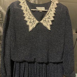 Vintage Lace Embroidered Collar Polka Dot Midi Dress